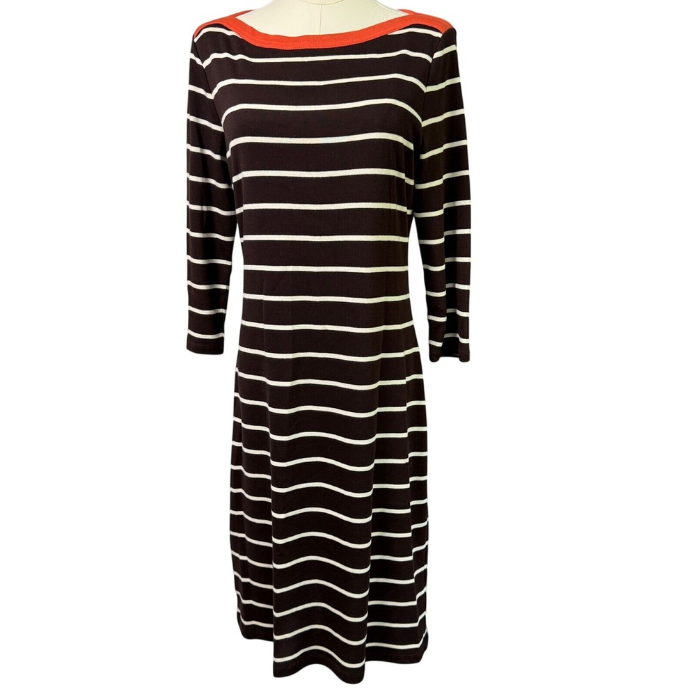 Lauren Ralph Lauren Brown White Striped Cotton Sheath Dress Orange Trim Medium